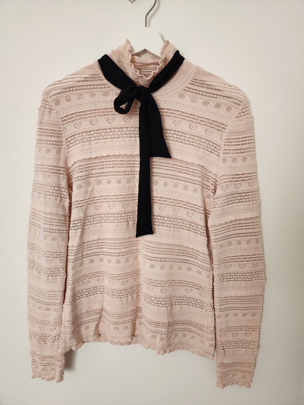 Marc Cain Lace Pointelle Knit Bow Neck Sweater N4
